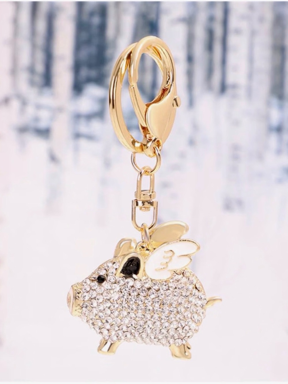 Crystal Winged Pig Keychain Charm - Gold Tone